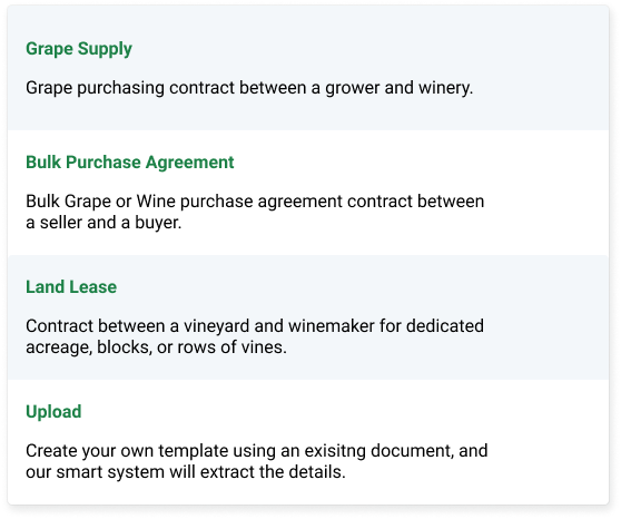 Create a new contract in just one click from one of our three ready-to-use templates - or upload an existing contract of your own.